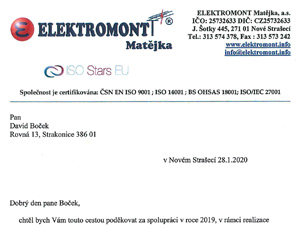 Ukázka na referenci a poděkování za spolupráci od firmy Elektromont Matějka